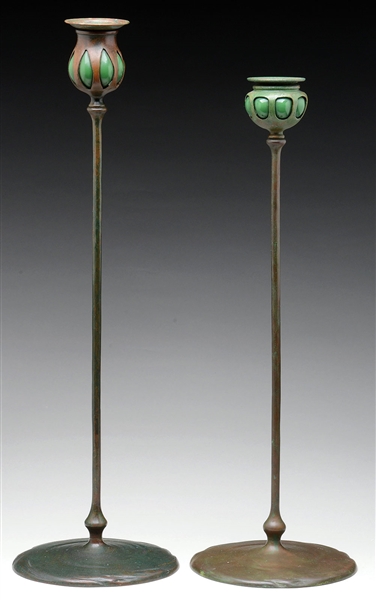 TWO TIFFANY STUDIOS RETICULATED CANDLESTICKS.                                                                                                                                                           