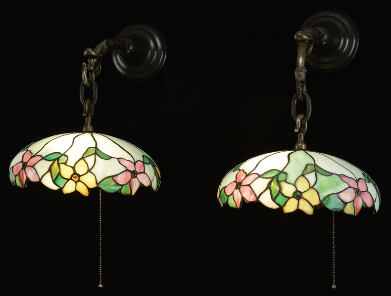 PAIR OF MORGAN (ATTRIBUTED) LEADED GLASS SCONCES.                                                                                                                                                       