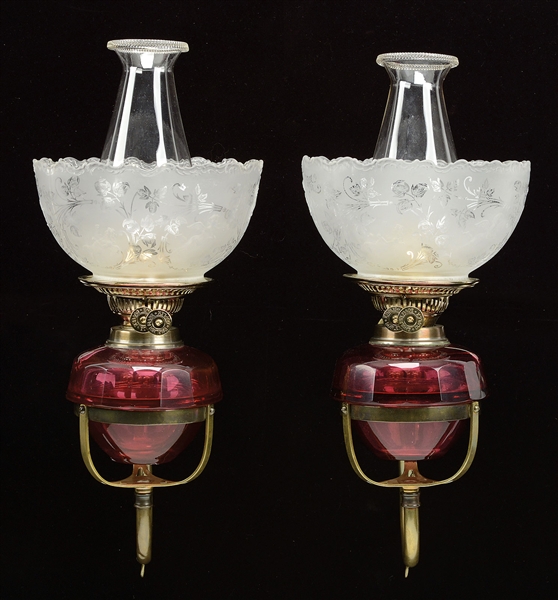 PAIR OF RUBY GLASS WALL LAMPS.                                                                                                                                                                          