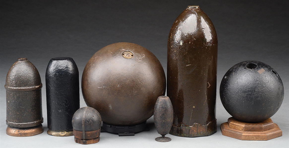 GROUP OF 7 SCARCE AND FINE CIVIL WAR ARTILLERY PROJECTILES.                                                                                                                                             