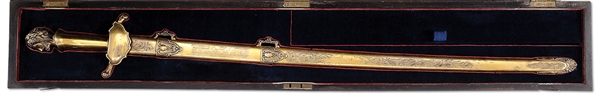 SPECTACULAR CASED SOLID SILVER AND GOLD MEXICAN WAR PRESENTATION SWORD TO MAJOR SAMUEL MARSHALL FOR GALLANTRY AT THE BATTLE OF CERRO GORDO IN THE MEXICAN WAR.                                          
