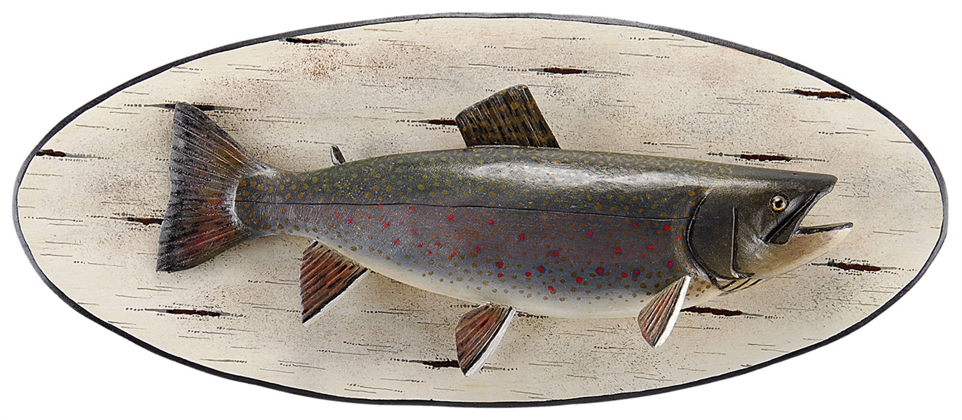 CARVED AND PAINTED 20 1/2" BROOK TROUT BY LAWRENCE C. IRVINE, WINTHROP, ME.                                                                                                                             