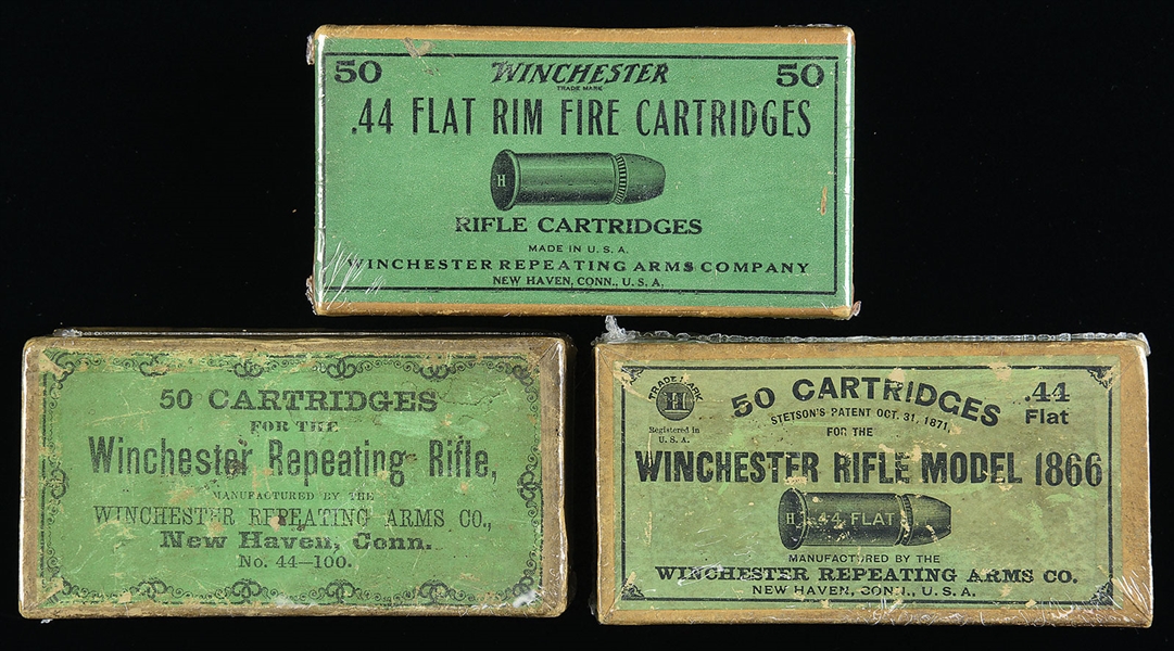 3-BOX LOT OF 44 HENRY FLAT AMMUNITION INCLUDING THE ULTRA-RARE STETSON PATENT ARCHED LABEL FOR THE 1866 WINCHESTER.                                                                                     