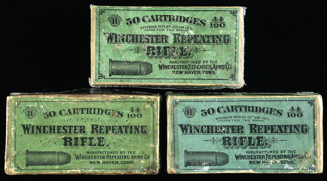 WINCHESTER 3-BOX LOT OF 44 HENRY FLAT AMMUNITION CIRCA 1870.                                                                                                                                            