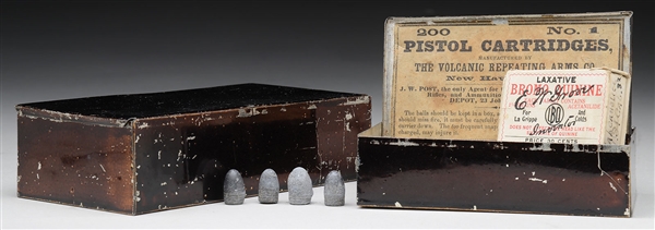 PAIR OF EXTREMELY RARE VOLCANIC, NEW HAVEN ARMS COMPANY, ORIGINAL TIN CARTRIDGE BOXES FOR BOTH #1 & #2 PISTOLS.                                                                                         