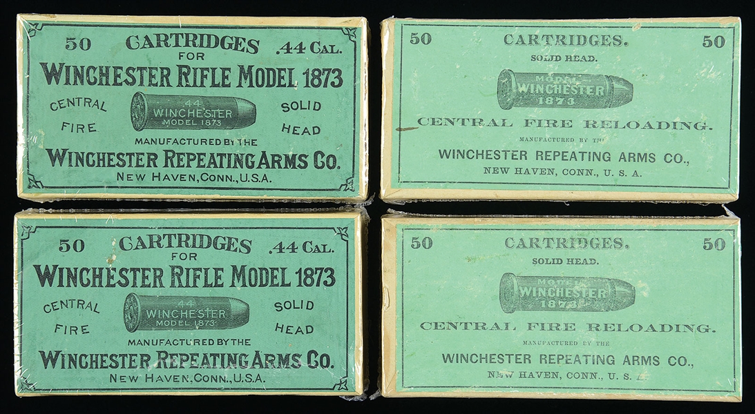 OUTSTANDING LOT OF 4 EARLY 44WCF CALIBER GREEN LABEL BOXES OF AMMUNITION.                                                                                                                               