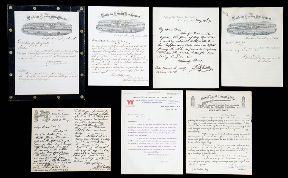 GREAT ARCHIVE OF 7 EARLY LETTERS AND EPHEMERA FROM OLIVER WINCHESTER AND RICHARD GATLING.                                                                                                               