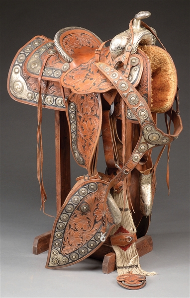 SPECTACULAR SILVER MOUNTED PARADE SADDLE WITH MARTINGALE AND MATCHING SPURS MADE BY KEYSTON BROS, SAN FRANCISCO, CALIFORNIA.                                                                            