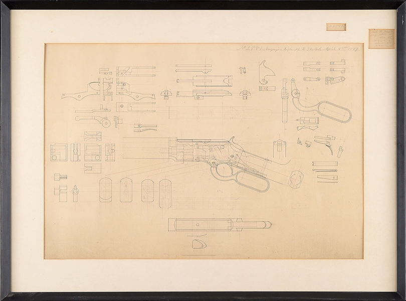 PATENT DRAWING FOR MODEL 1873 WINCHESTER RIFLE 22 & 32 CALIBER, ALONG WITH WINCHESTER ADVERTISING BROADSIDE.                                                                                            