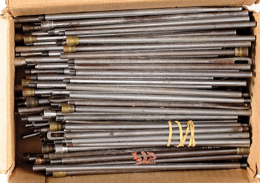 CARDBOARD BOX NEARLY FULL OF ASSORTED STEEL WINCHESTER CLEANING ROD SECTIONS.                                                                                                                           