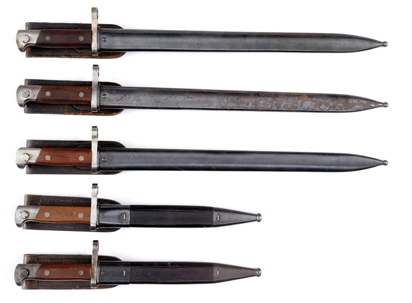 GROUP OF 5 RARE MODEL 1895 WINCHESTER SABER BAYONETS WITH SHEATHS.                                                                                                                                      