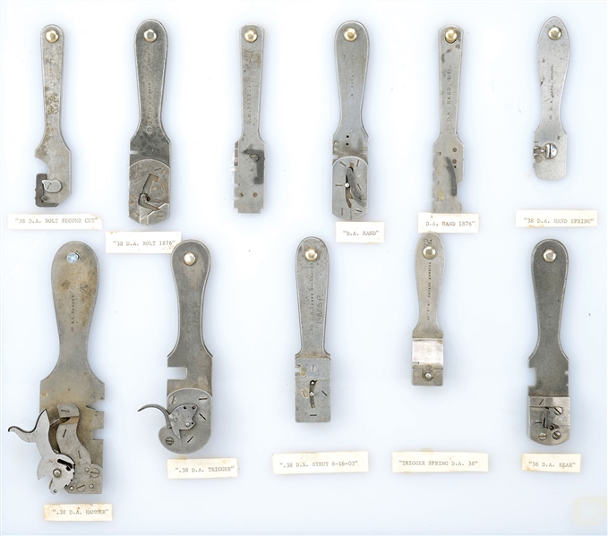 SELDOM SEEN SET OF 11 VARIOUS FACTORY GUNSMITH JIGS USED IN MANUFACTURE OF COLT DOUBLE ACTION REVOLVERS, MODELS OF 1877 AND 1895.                                                                       