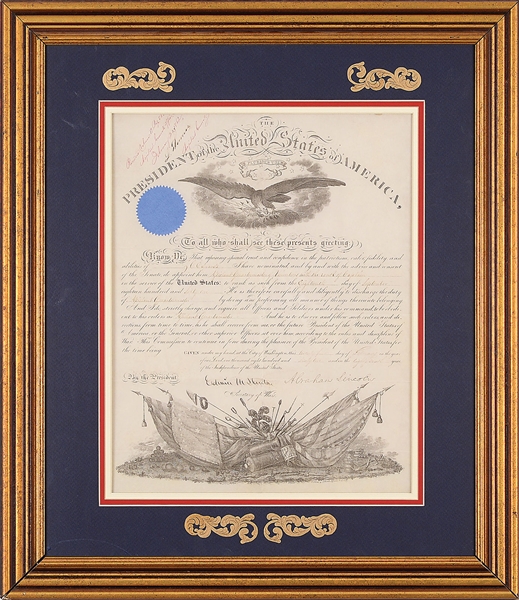 FINE FRAMED ABRAHAM LINCOLN SIGNED MILITARY COMMISSION.                                                                                                                                                 