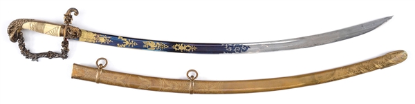 FINE AMERICAN EAGLE POMMEL HORSEMAN SABER WITH BRILLIANT BLUE AND GOLD BLADE, CIRCA 1825.                                                                                                               