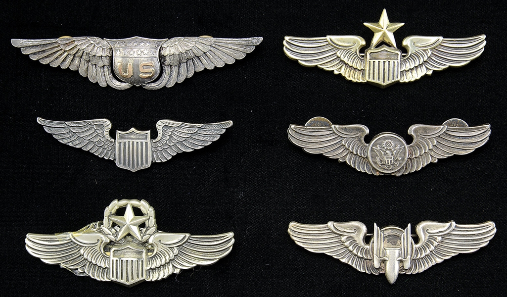 FINE AND RARE GROUP OF WWI AND WWII AIR CORPS STERLING WINGS.                                                                                                                                           