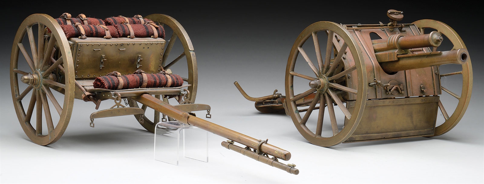 1/8 SCALE ALL BRASS WORKING MODEL OF THE BRITISH WWI 18-POUNDER RECOILLESS CANNON AND CAISSON.                                                                                                          
