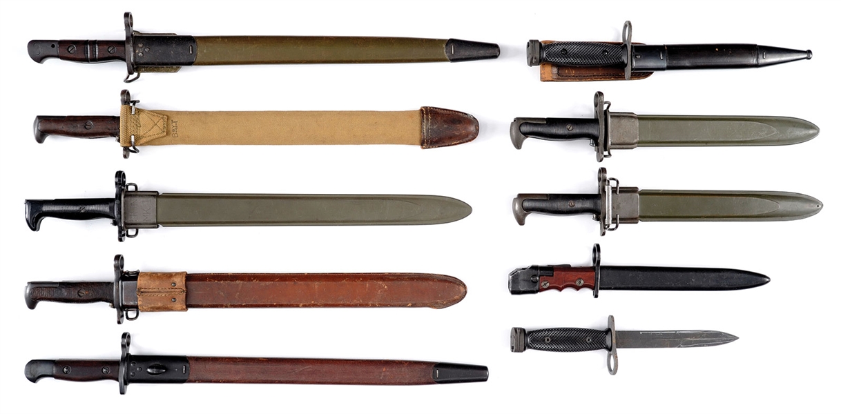 FINE GROUP OF 10 MILITARY BAYONETS.                                                                                                                                                                     