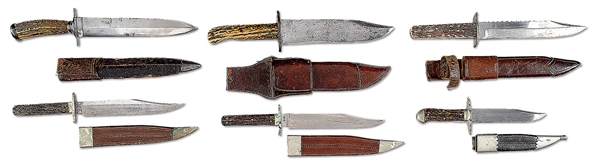 GROUP OF 6 VICTORIAN ERA BOWIE KNIVES WITH STAG GRIPS.                                                                                                                                                  