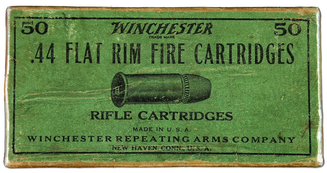 BOX OF 50 WINCHESTER .44 FLAT RIM FIRE CARTRIDGES.                                                                                                                                                      