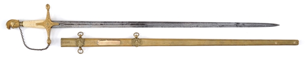 AMES CRUCIFORM MILITIA STAFF SWORD WITH GOLD PRESENTATION PLAQUE TO CAPTAIN JACOB FREDENDALL (1778-1863).                                                                                               
