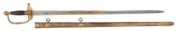 US MODEL 1840 FOOT INFANTRY OFFICERS SWORD WITH GOLD BLADE AND ENGRAVED BRASS SCABBARD.                                                                                                                