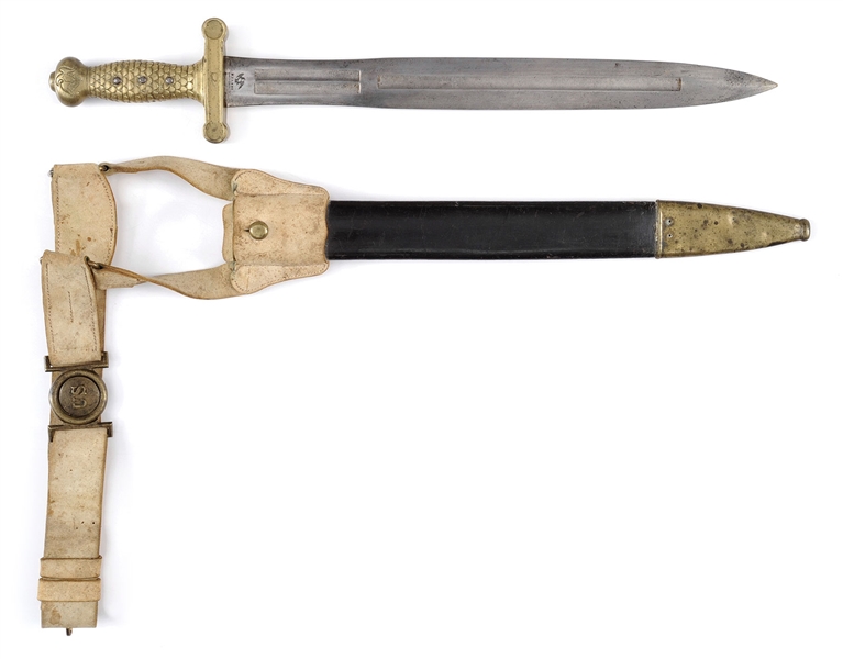 AMES MODEL 1832 SHORT ARTILLERY SWORD COMPLETE WITH INTERLOCKING 2-PIECE US ARTILLERY BELT.                                                                                                             