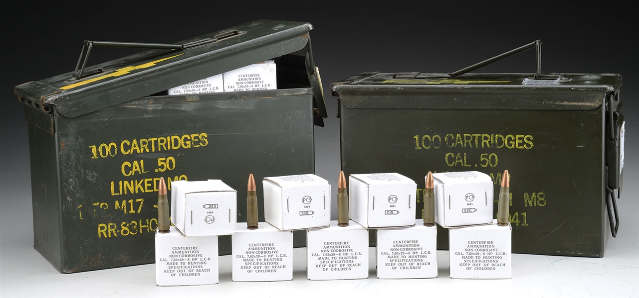 TWO AMMUNITION CANS CONTAINING RUSSIAN MFG 5.45X39 AMMUNITION FOR THE AK/74 ASSAULT RIFLE AND 762X39 RUSSIAN LOADED SPORTING AMMUNITION SUITABLE FOR THE AK/47 AND ITS DERIVATIVES.                     
