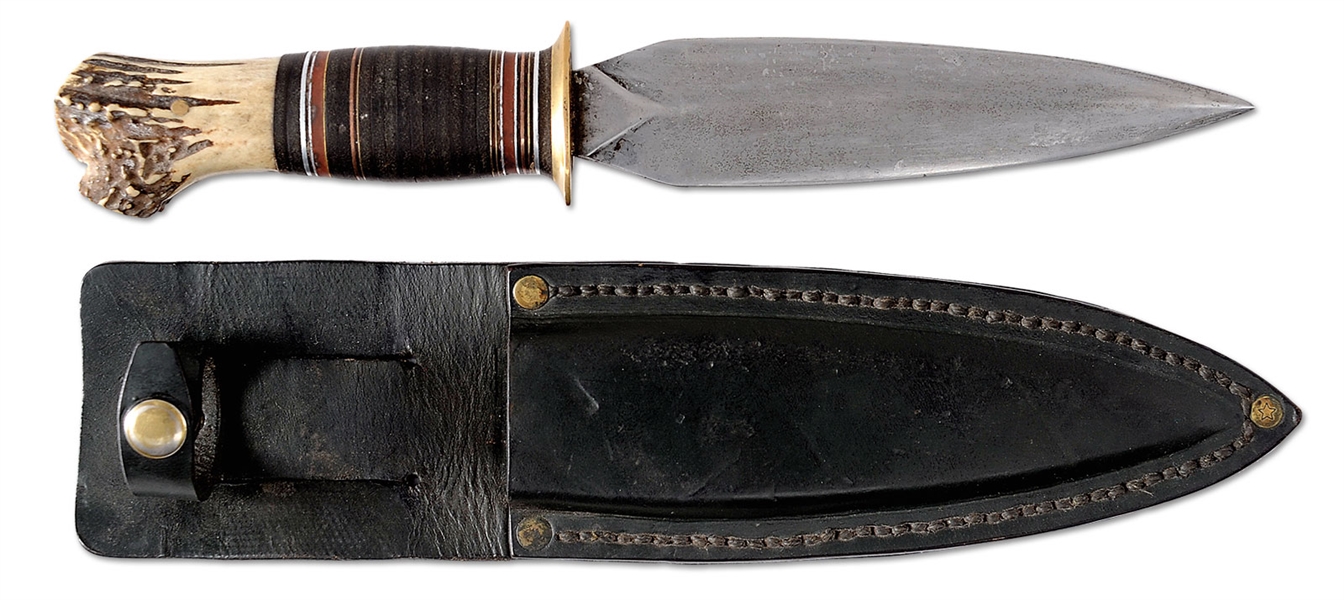 RARE SCAGEL DOUBLE EDGED FIGHTING KNIFE WITH STACKED LEATHER AND STAG HANDLE WITH ORIGINAL SHEATH.                                                                                                      