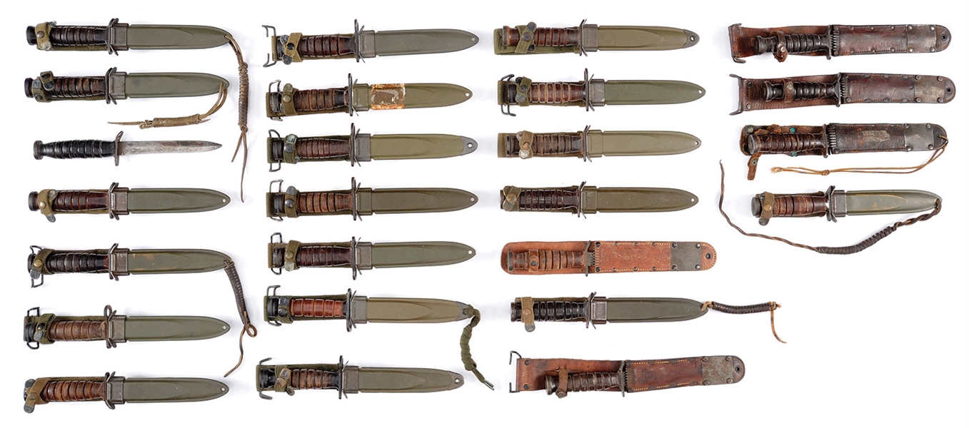 COLLECTION OF 25 WWII VARIATION M3 TRENCH KNIVES AND M4 BAYONETS.                                                                                                                                       