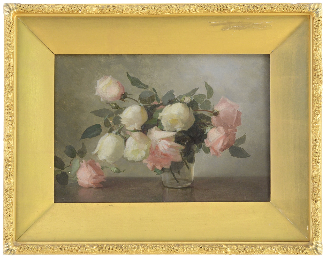 ANNA ELIZA HARDY (AMERICAN, 1839-1934) ARRANGEMENT OF WHITE AND PINK ROSES IN A GLASS VASE                                                                                                              