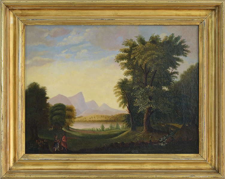 AMERICAN SCHOOL (19TH CENTURY) NATIVE AMERICANS NAIVE MOUNTAINOUS LANDSCAPE WITH LAKE                                                                                                                   