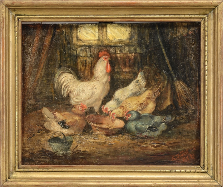ARTHUR FITZWILLIAM TAIT (AMERICAN, 1819-1905) ROOSTER AND CHICKENS IN BARN INTERIOR                                                                                                                     