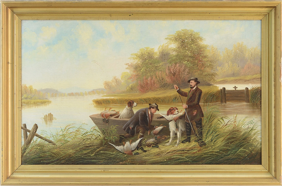 AMERICAN SCHOOL (19TH CENTURY) NAIVE SPORTING SCENE OF DUCK HUNTERS BY A RIVER                                                                                                                          