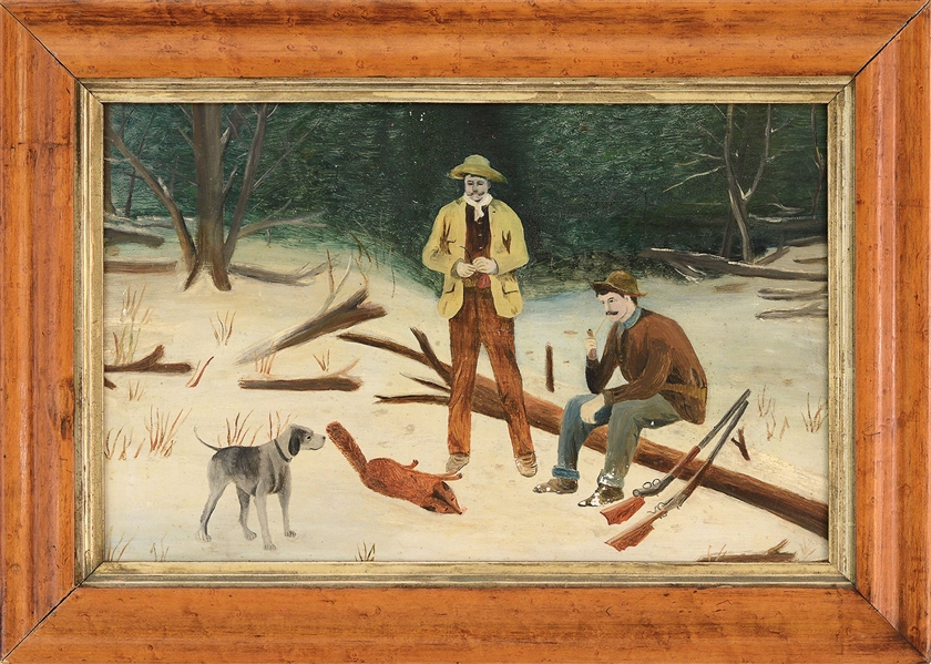 AMERICAN SCHOOL (LATE-19TH CENTURY) NAIVE PAINTING OF TWO FOX HUNTERS AFTER THE KILL                                                                                                                    