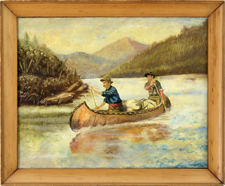 AMERICAN SCHOOL (20TH CENTURY) NAIVE PAINTING OF TWO MEN IN A CANOE                                                                                                                                     