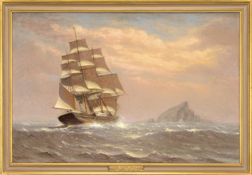MARSHALL JOHNSON JR. (AMERICAN, 1850-1921) "A CLOSE CALL - SHIP SKYLARK JUST CLEARING DIEGO RAMIREZ OFF CAPE HOPE"                                                                                      