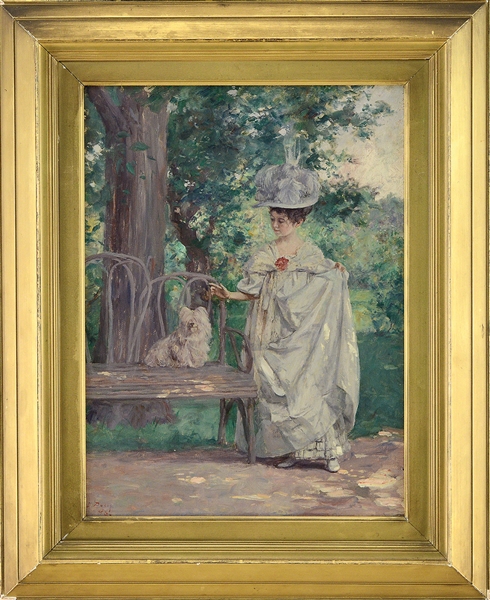 LOUIS BETTS (AMERICAN, 1873-1961) YOUNG GIRL PETTING A WHITE DOG IN THE PARK                                                                                                                            