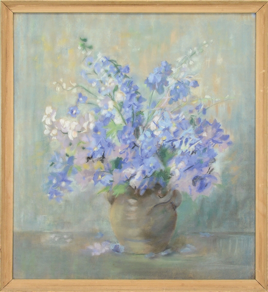 LAURA COOMBS HILLS (AMERICAN, 1859-1952) BLUE AND WHITE DELPHINIUMS IN STONEWARE JAR                                                                                                                    