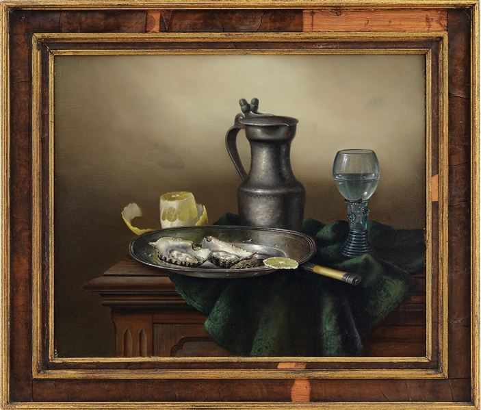 BRIAN DAVIES (BRITISH, 1942-2014) STILL LIFE WITH OYSTERS, FLAGON AND RHINE WINE                                                                                                                        
