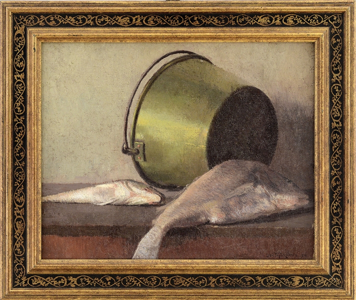 LEON FOSTER JONES (AMERICAN, 1871-1940) STILL LIFE OF FISH ON A TABLE WITH BRASS BUCKET                                                                                                                 