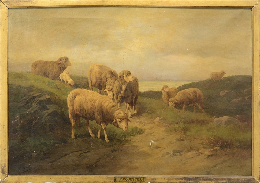 JAQUETTES (FRENCH SCHOOL, 19TH CENTURY) SHEEP ON A SHORELINE PASTURE                                                                                                                                    