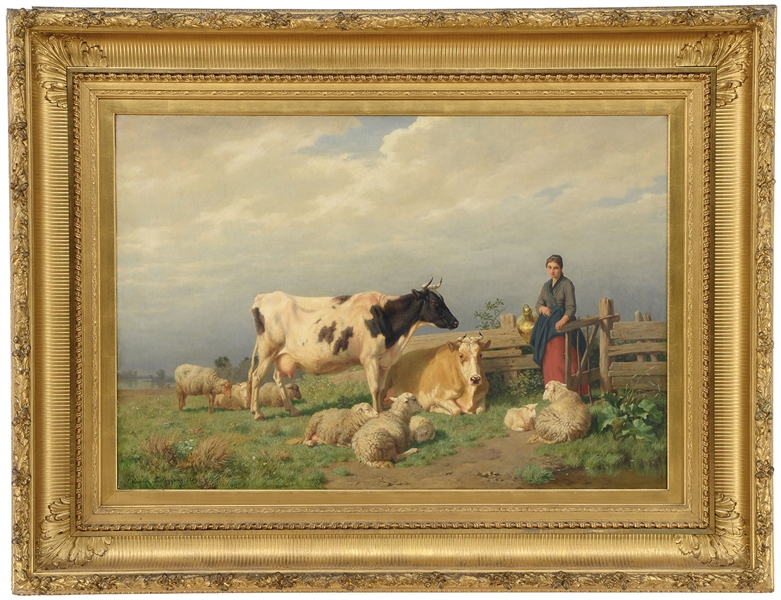 EDMUND TSCHAGGENY (BELGIAN, 1818-1873) MILKMAID ENTERING A FIELD WITH COWS AND SHEEP                                                                                                                    