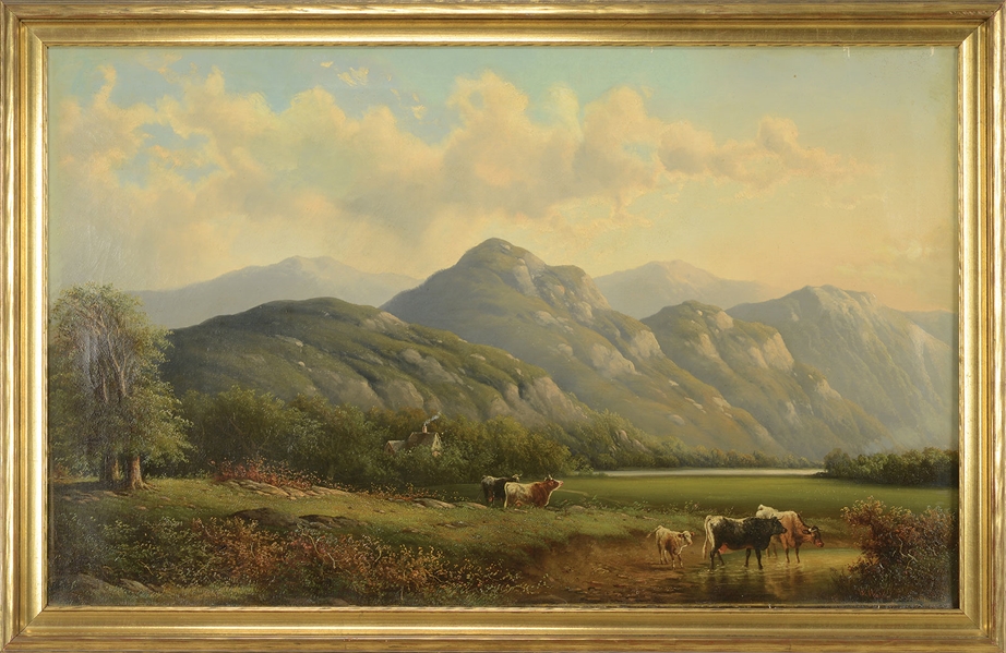WILLIAM WALTON (AMERICAN, 1843-1915) COWS AT WATERING HOLE IN A MOUNTAINOUS LANDSCAPE                                                                                                                   
