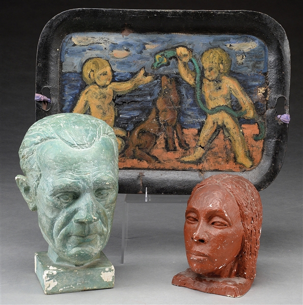 ALZIRA (BOEHM) PEIRCE (AMERICAN, 1908-2010) FOUR WORKS: TWO BUSTS, A PAINTED TRAY AND A PAINTING                                                                                                        