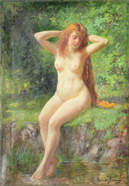 ABBOTT FULLER GRAVES (AMERICAN, 1859-1936) RED HAIRED BATHER BY A STREAM                                                                                                                                
