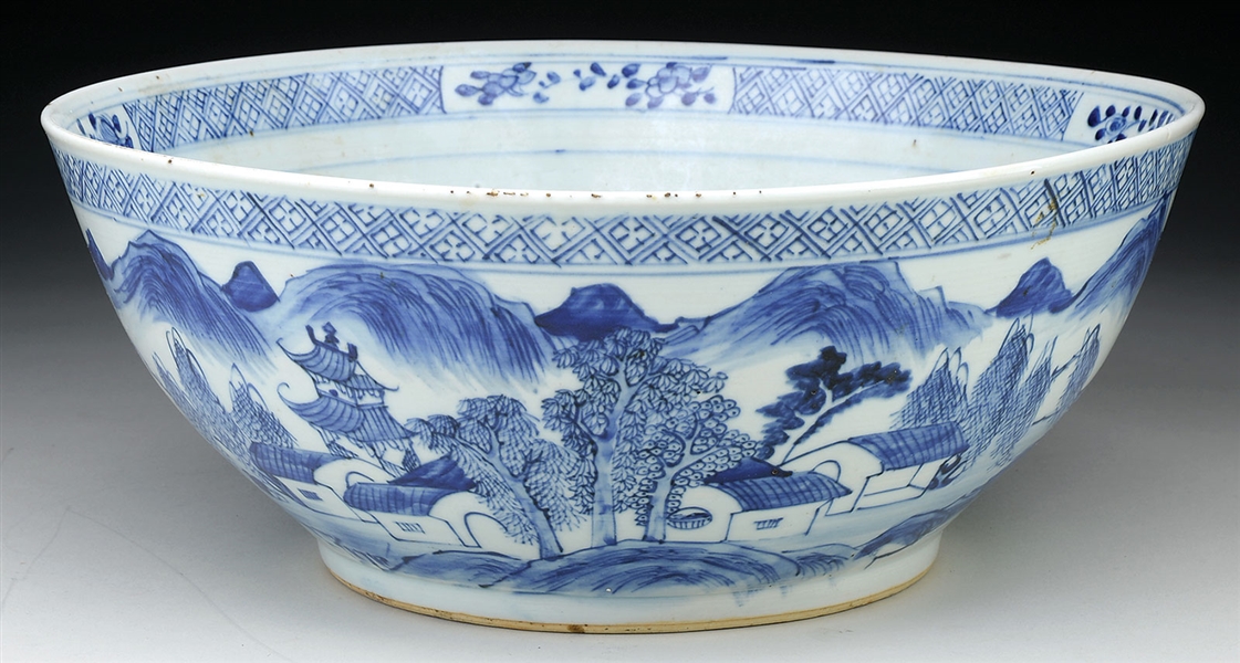 BLUE AND WHITE PORCELAIN PUNCH BOWL.                                                                                                                                                                    