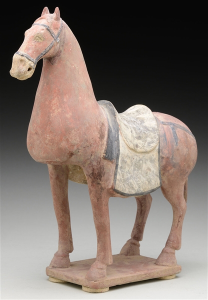 PAINTED POTTERY STATUE OF STANDING HORSE.                                                                                                                                                               