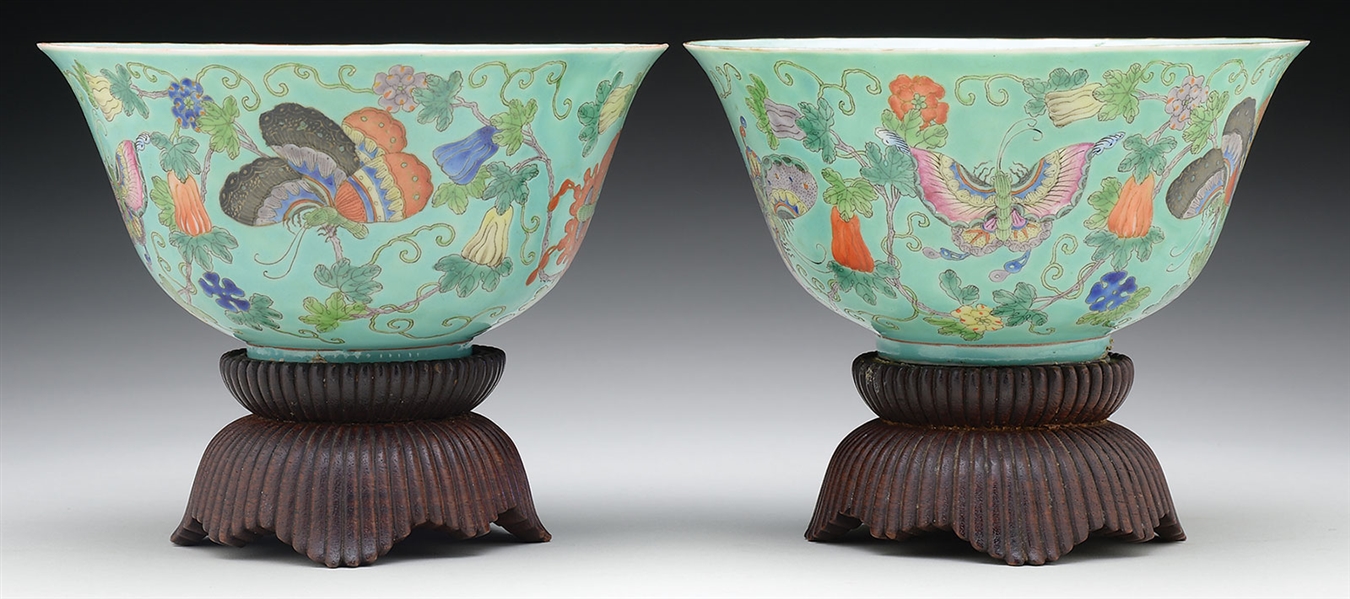 PAIR OF TURQUOISE GROUND PORCELAIN BOWLS.                                                                                                                                                               