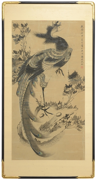 FRAMED SCROLL PAINTING OF PEACOCK.                                                                                                                                                                      