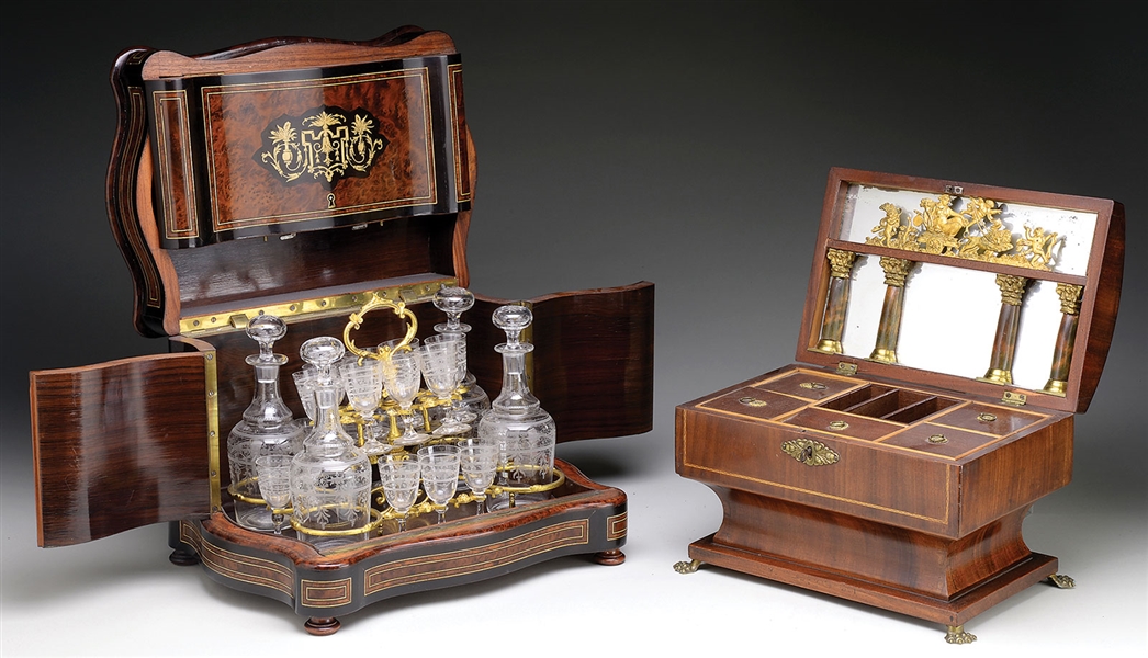 A FINE CLASSICAL REVIVAL MAHOGANY DRESSING BOX TOGETHER WITH A VICTORIAN INLAID WALNUT TANTALUS.                                                                                                        